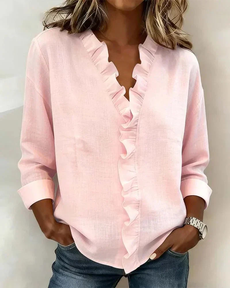 Women's Linen Ruffle V-Neck Long-Sleeve Blouse