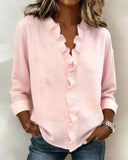 Women's Linen Ruffle V-Neck Long-Sleeve Blouse