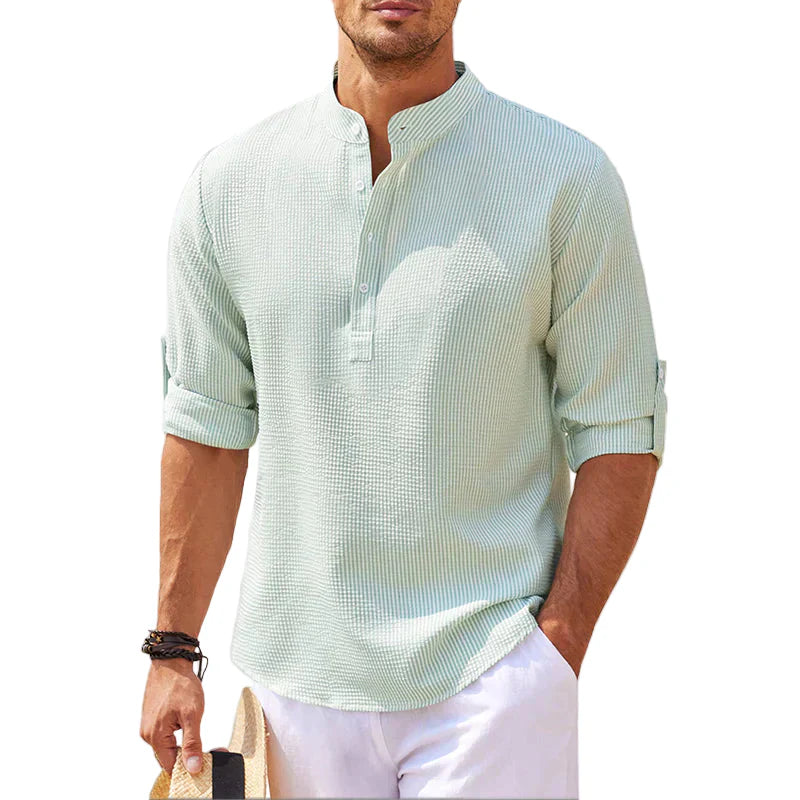 Men's Linen Stand Collar Shirt Relaxed Fit Casual Button Front Top