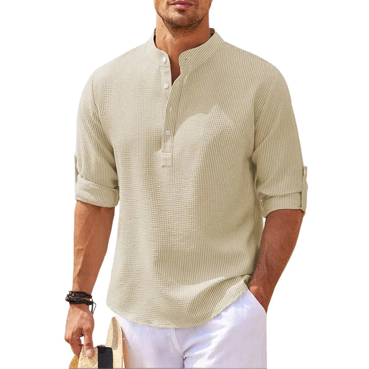 Men's Linen Henley Shirt Long Sleeve Casual Lightweight Pullover Top