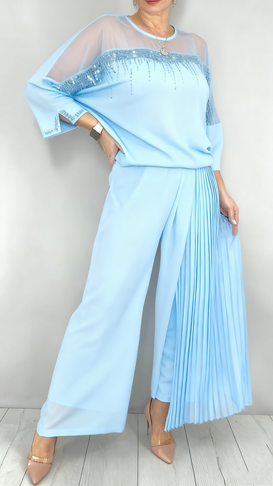 Ensemble pantalon de soirée élégant 2 pièces pour femme en mousseline et tulle