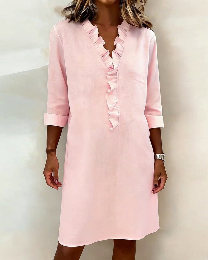 Women's Linen Dress Casual V Neck Tunic Shift Long Sleeve Shirt