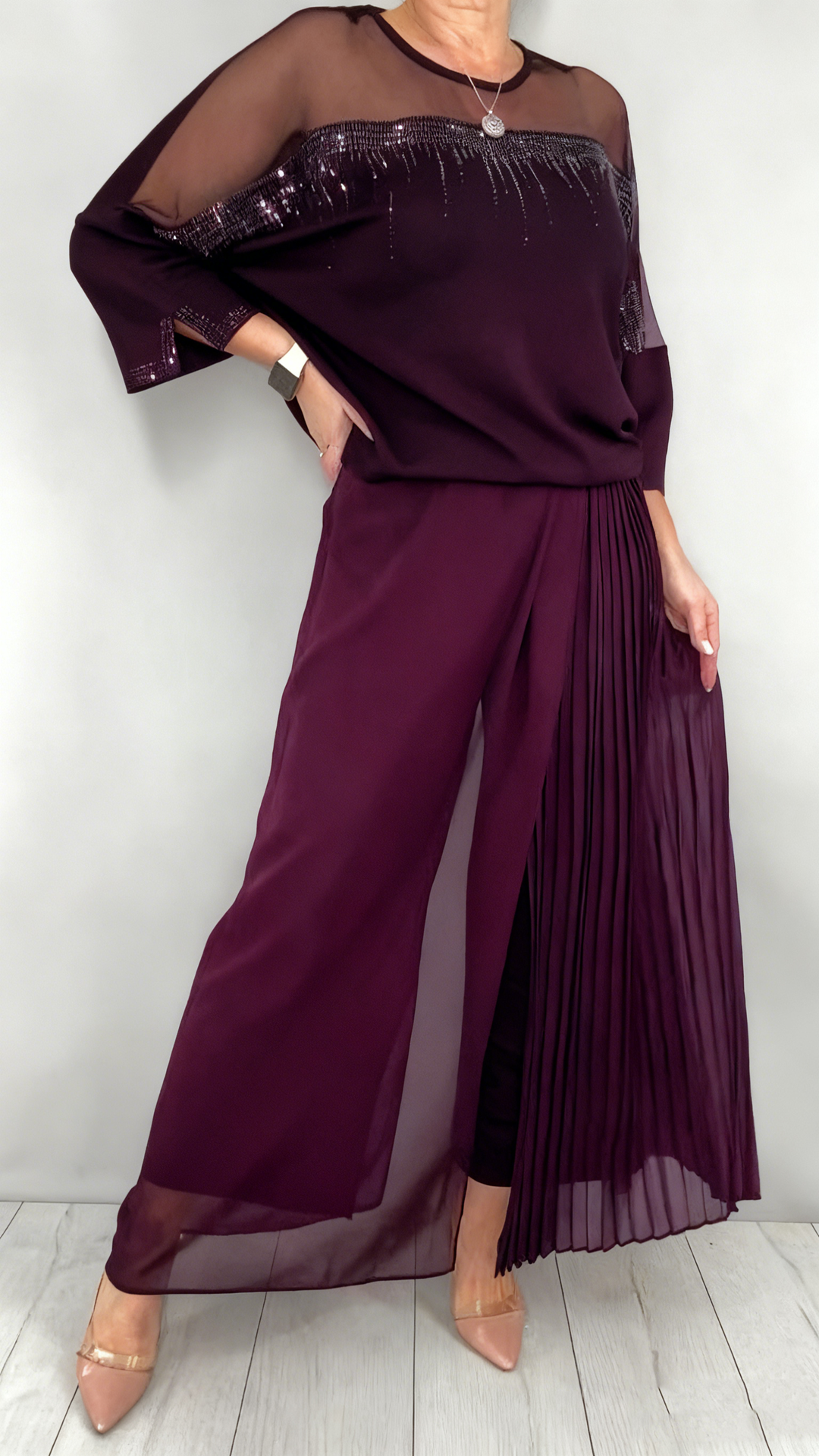 Ensemble pantalon de soirée élégant 2 pièces pour femme en mousseline et tulle