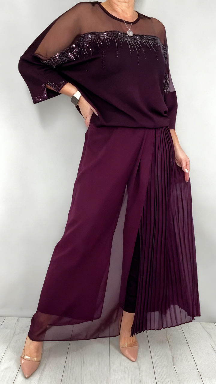 Ensemble pantalon de soirée élégant 2 pièces pour femme en mousseline et tulle