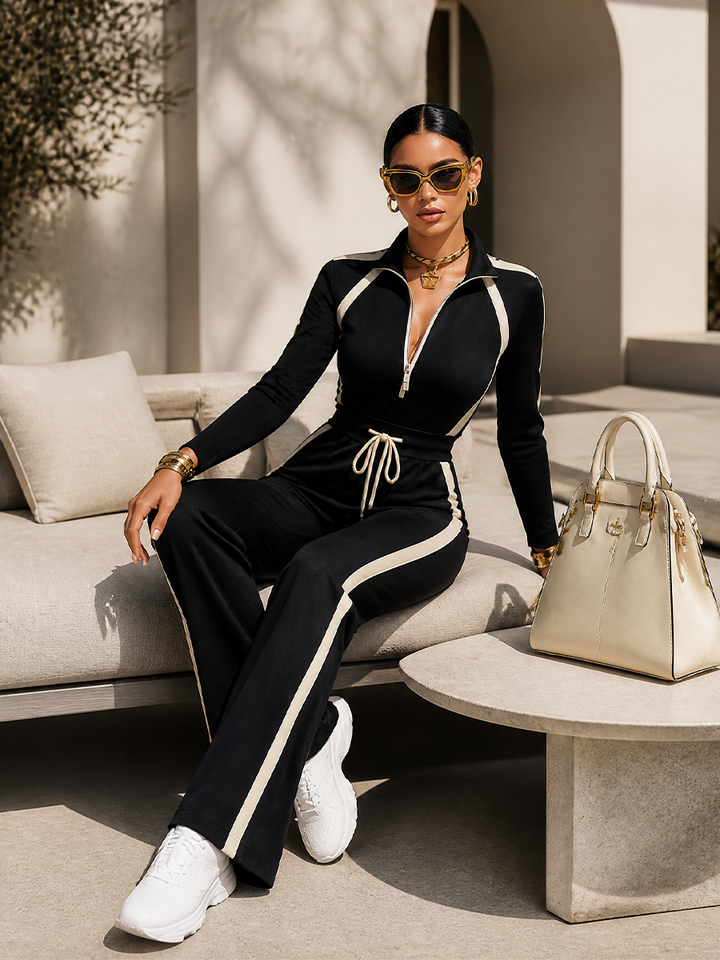 Combinaison-pantalon en maille à manches longues, jambes larges, rayée et zippée pour femme