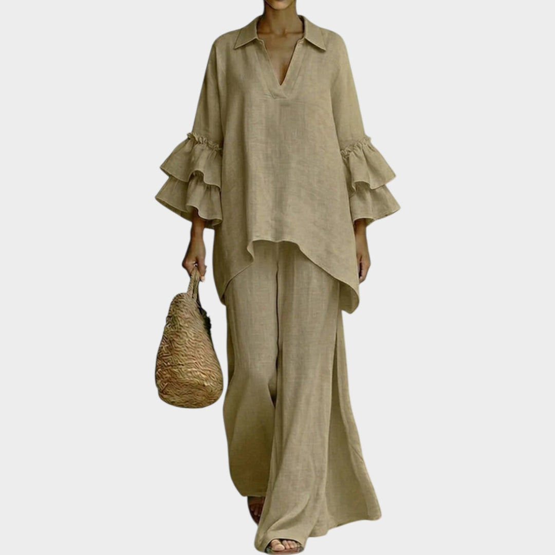 Women's Linen Ruffle 2 Piece Set Wide Leg Pants Coord