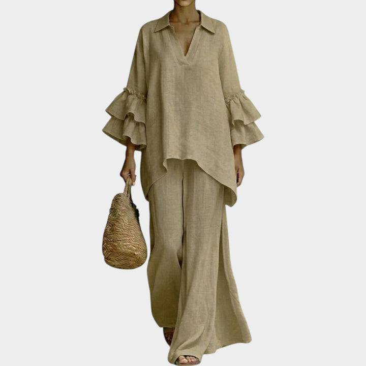 Women's Linen Ruffle 2 Piece Set Wide Leg Pants Coord