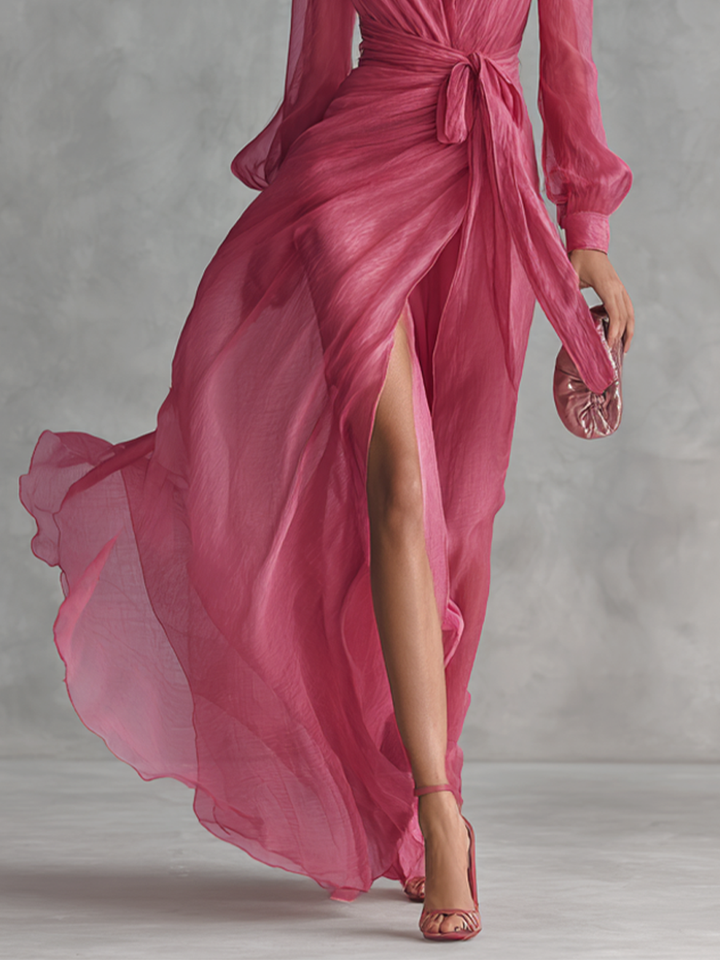 Women's Silk Wrap Maxi Dress With Slit High Volume Evening Gown