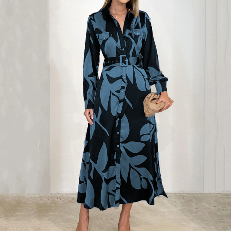 Women’s Printed Linen Button-Front Maxi Shirt Dress