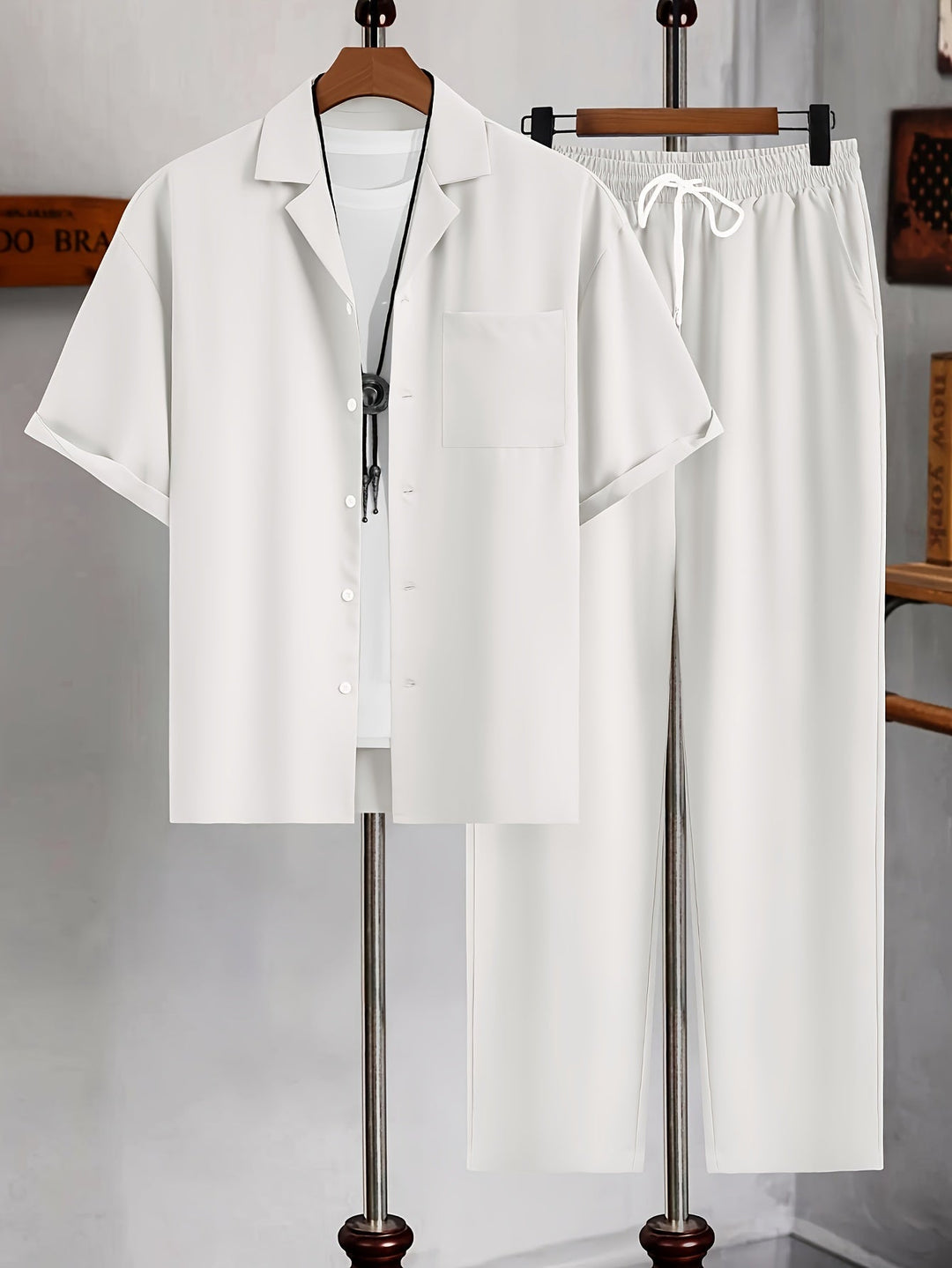 Men's Linen Blend Short Sleeve Shirt and Trousers 2-Piece Set