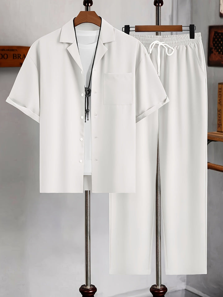 Men's Linen Blend Short Sleeve Shirt and Trousers 2-Piece Set