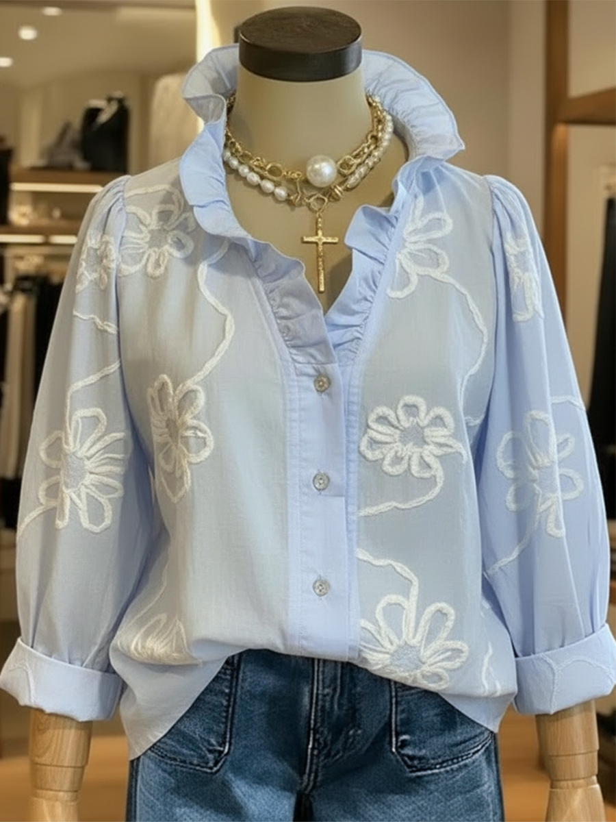 Women's Linen Ruffle-Collar Long-Sleeve Blouse