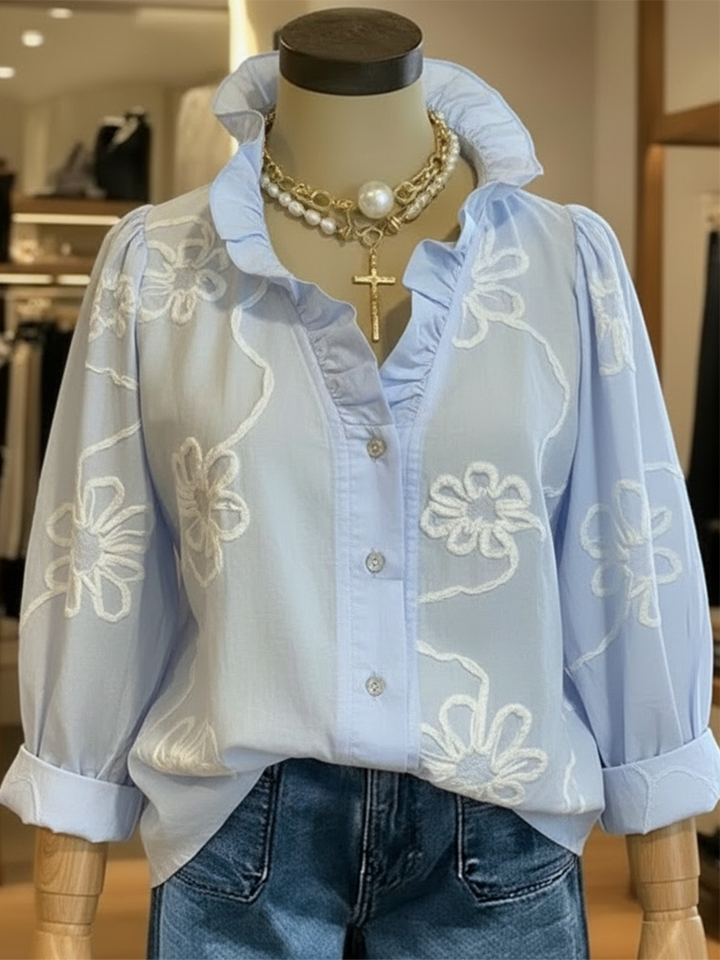 Women's Linen Ruffle-Collar Long-Sleeve Blouse
