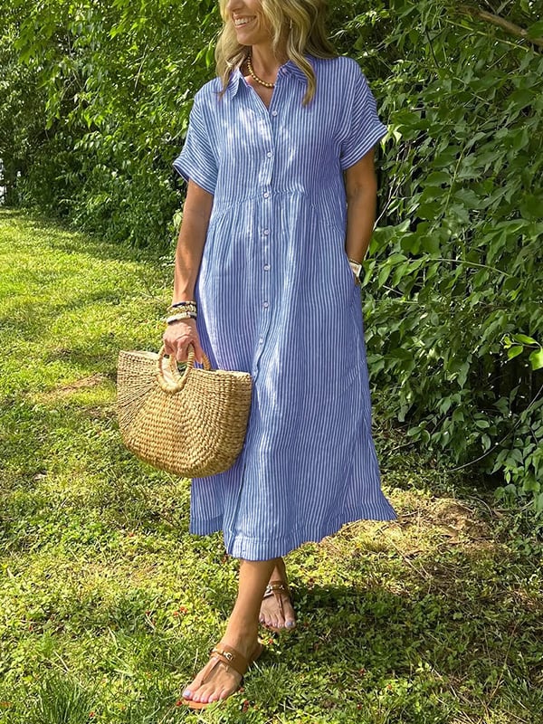 Linen Maxi Dress Women's Short Sleeve V-Neck Loose Fit Casual Shirt Dress