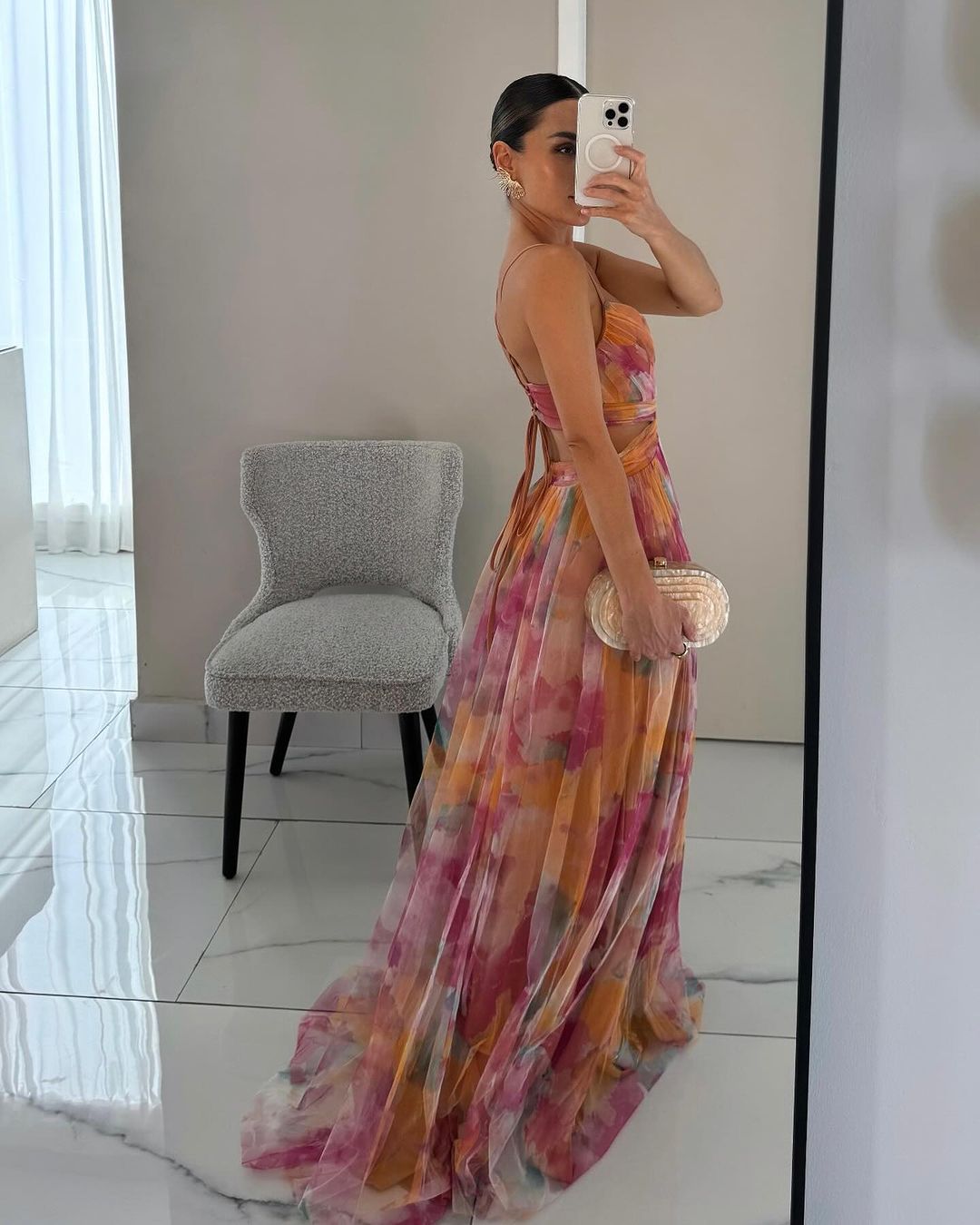 Women's Floral Print Chiffon Cutout V-Neck Backless Maxi Dress