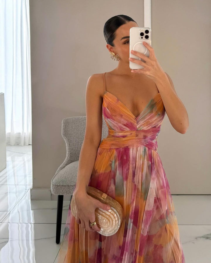 Women's Floral Print Chiffon Cutout V-Neck Backless Maxi Dress