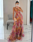 Women's Floral Print Chiffon Cutout V-Neck Backless Maxi Dress