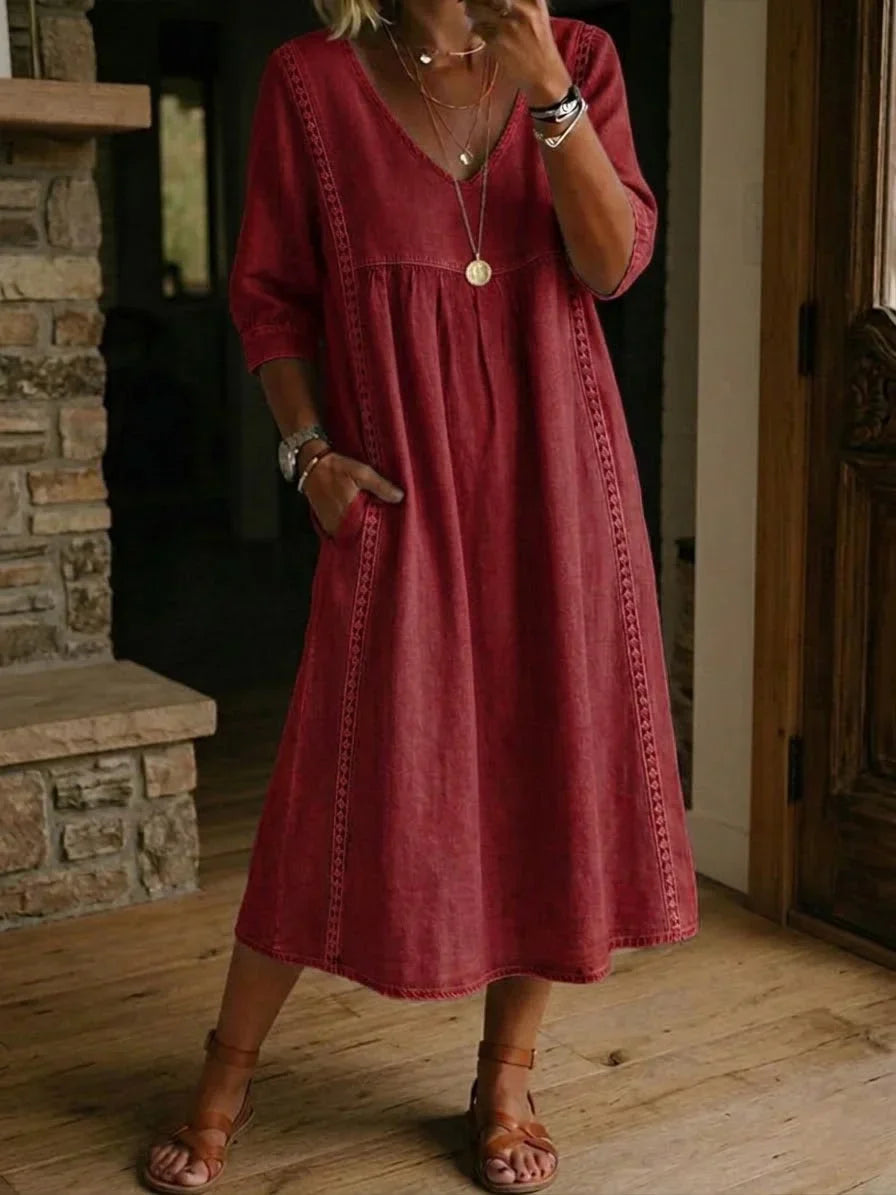 Women's Loose Fit Linen V-Neck Long Sleeve Midi Dress