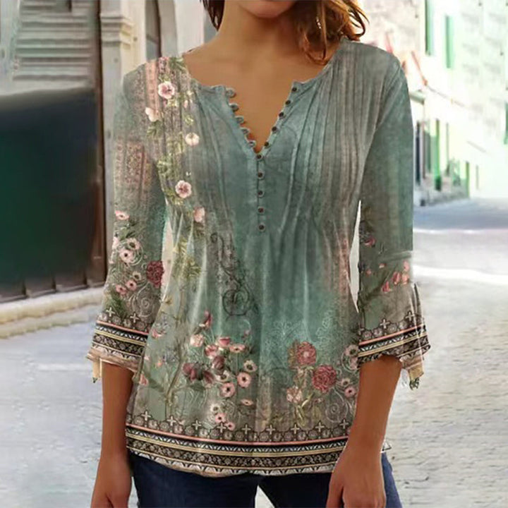 Women's Linen Floral Blouse V Neck 3/4 Sleeve Top