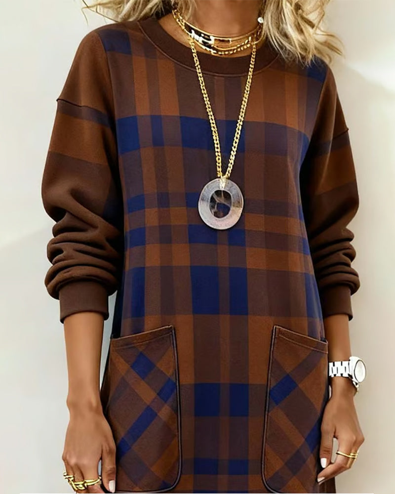 Women's Knit Round-Neck Plaid Shift Dress