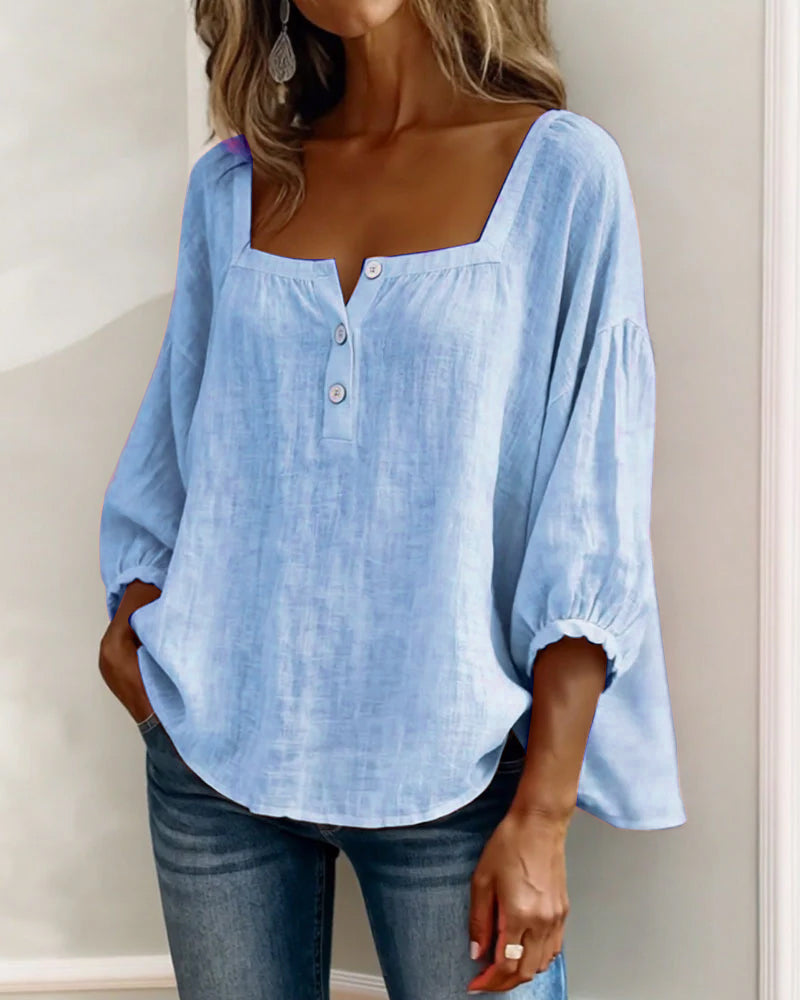 Women's Linen Blouse Square Neck Long Sleeve Casual Top Shirt