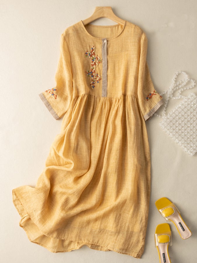 Women's Embroidered Linen Midi Dress Dress Floral Boho Casual A-Line Fit