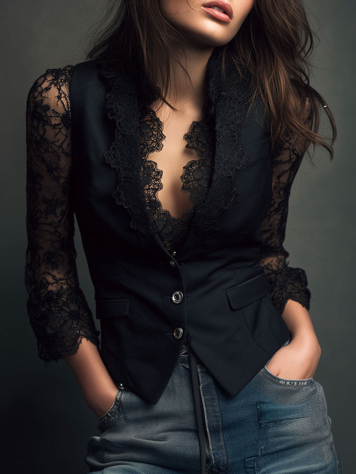 Women's Lace Knit Tailored Vest Blazer