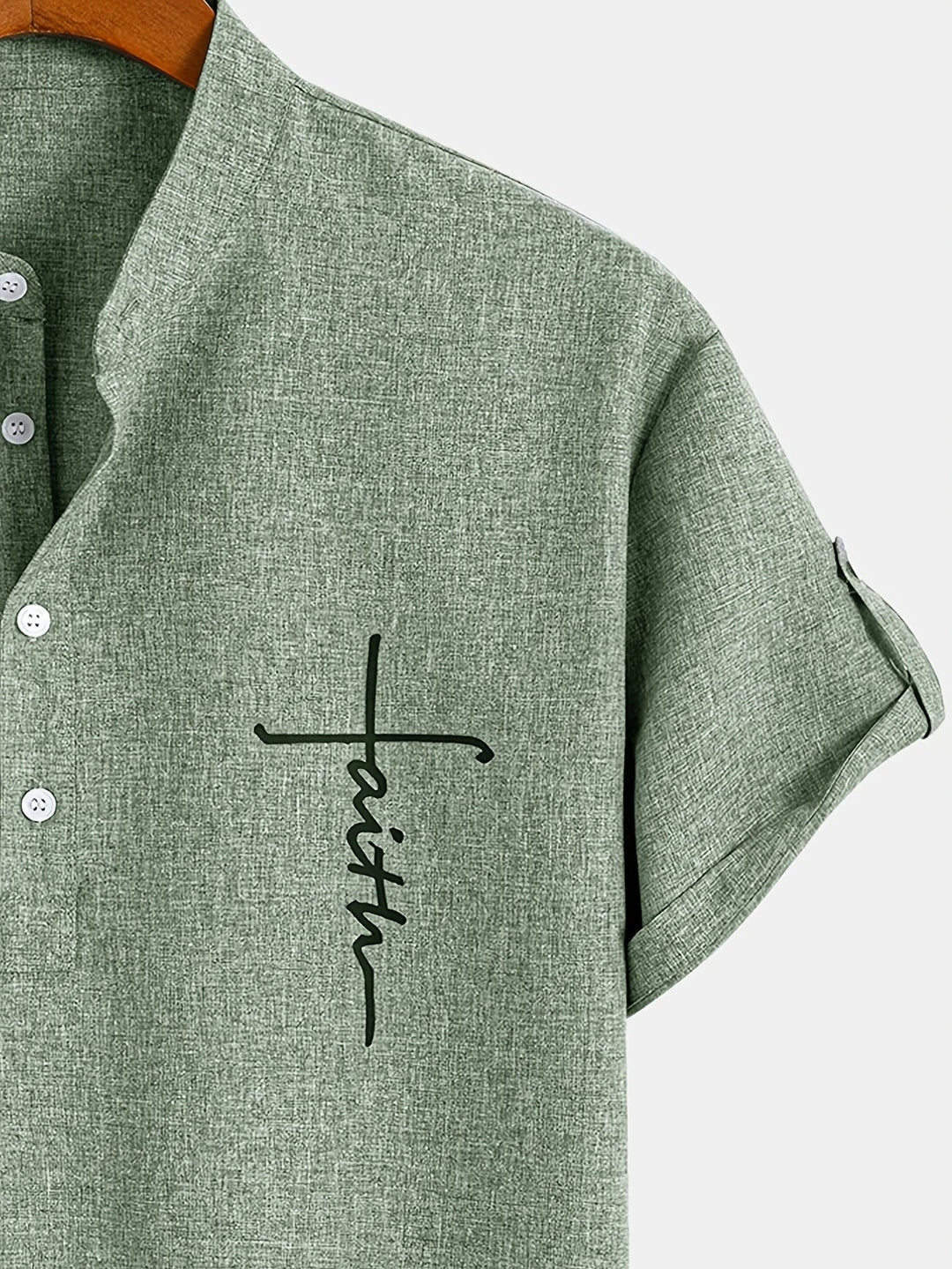 Men Henley Linen Shirt Casual Short Sleeve Cross Graphic Tee