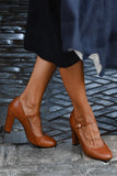 Women's Block Heel Leather Mary Jane Pumps