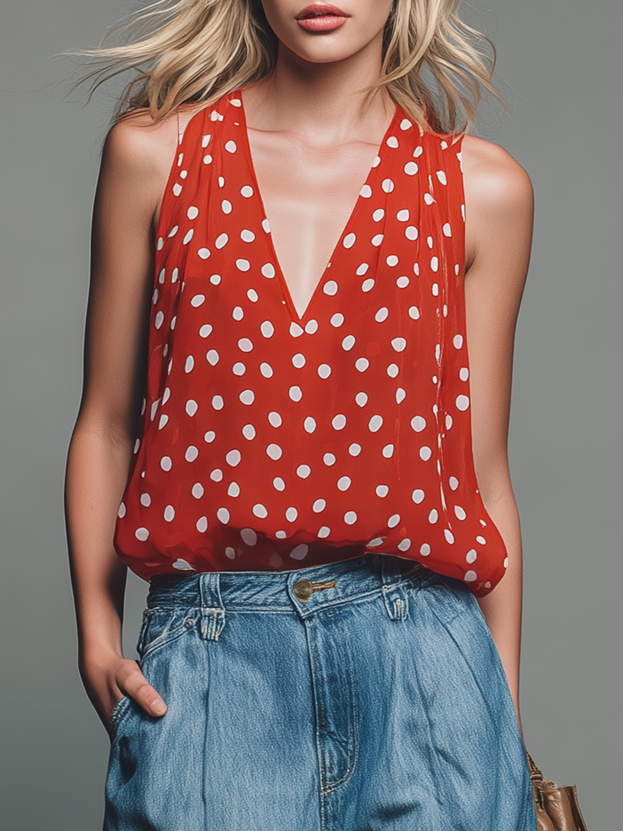 Women's Linen Blend V-Neck Top and Wide Leg Denim Trousers Set