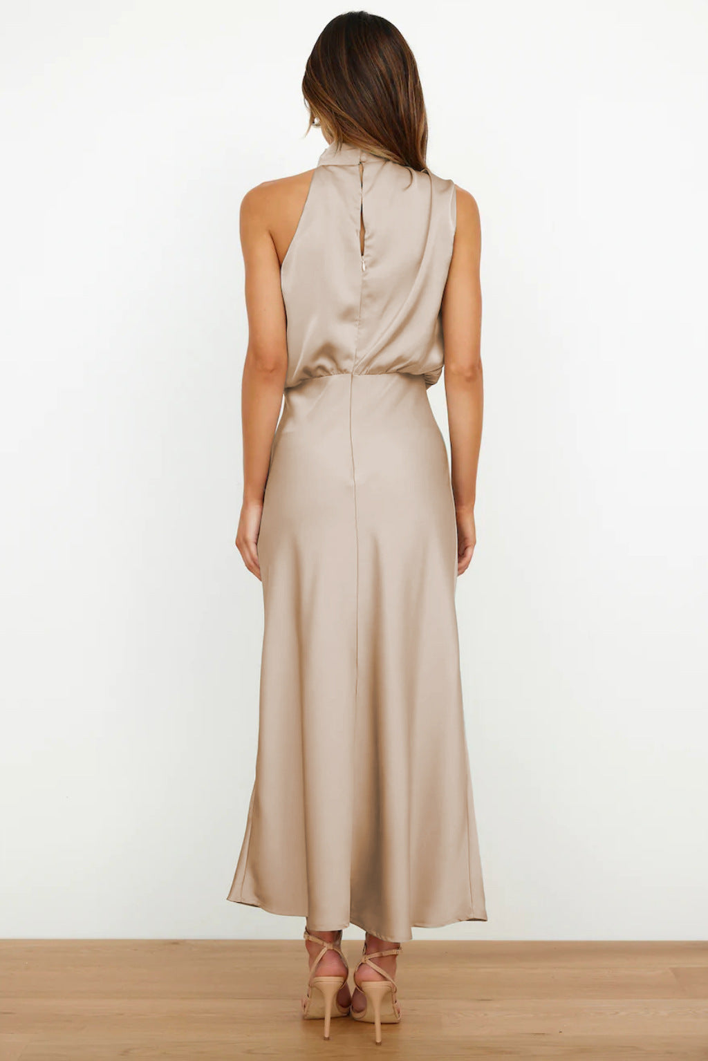Women's Silk Satin High Neck Halter Midi Dress