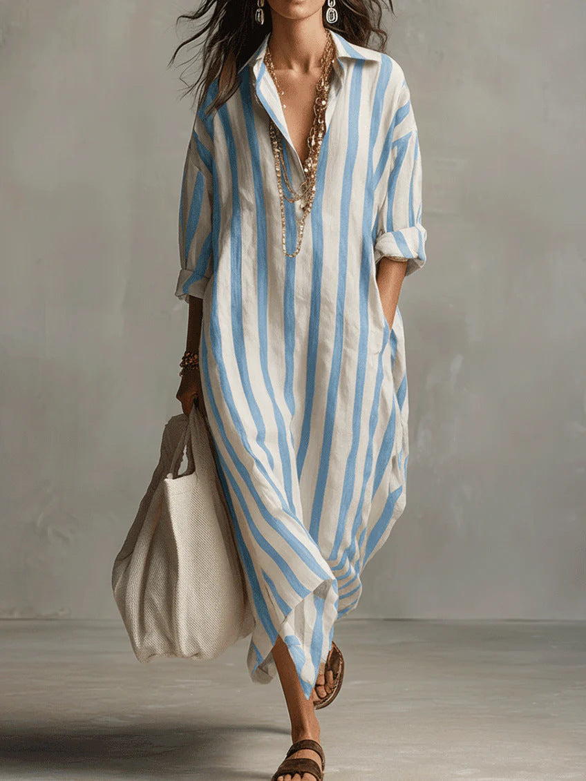 Women's Linen Striped Maxi Shirt Dress Casual Loose Fit Tunic