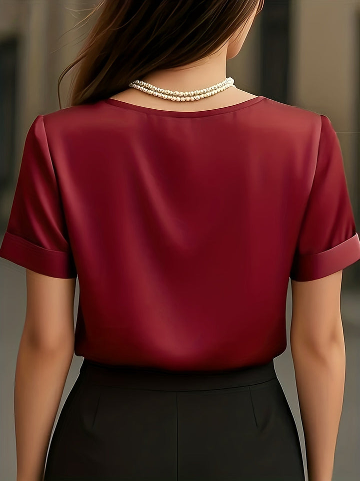 Women's Satin Blouse V Neck Short Sleeve Top Elegant Shirt