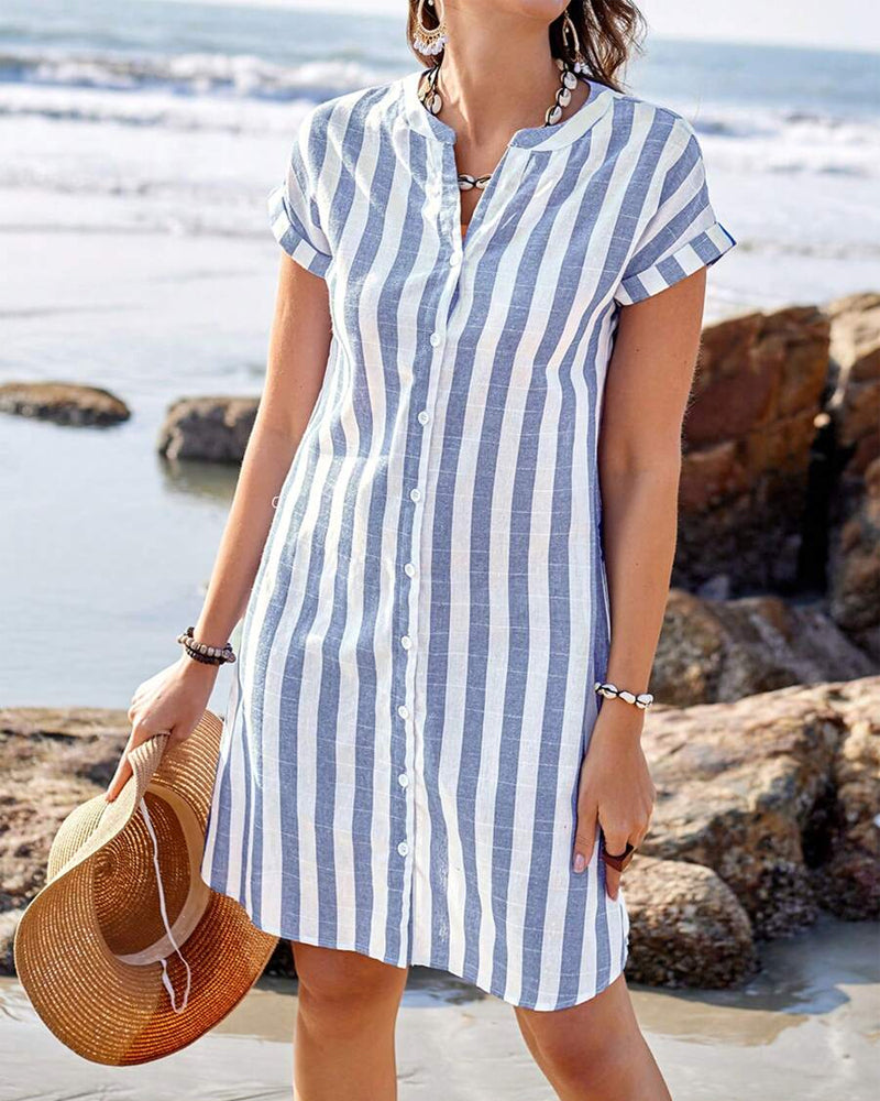 Women's Shirt Dress Linen Striped Mini Dress