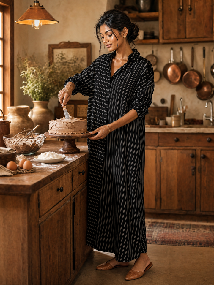 Women’s Striped Linen Maxi Shirt Dress