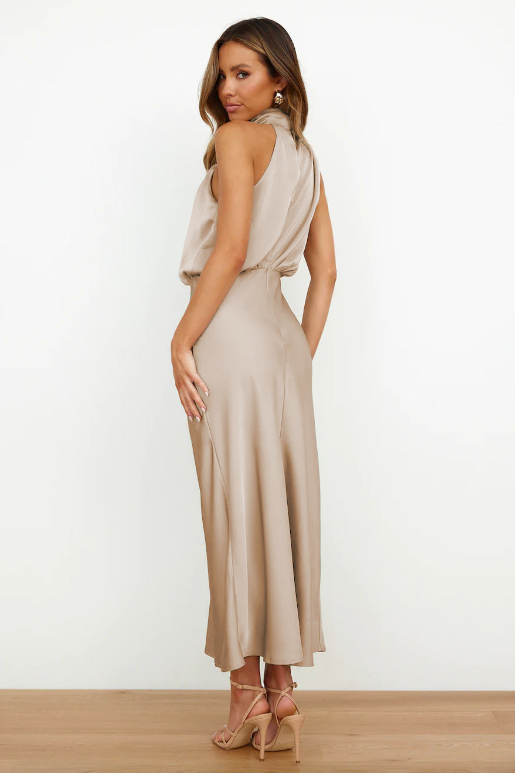 Women's Silk Satin High Neck Halter Midi Dress