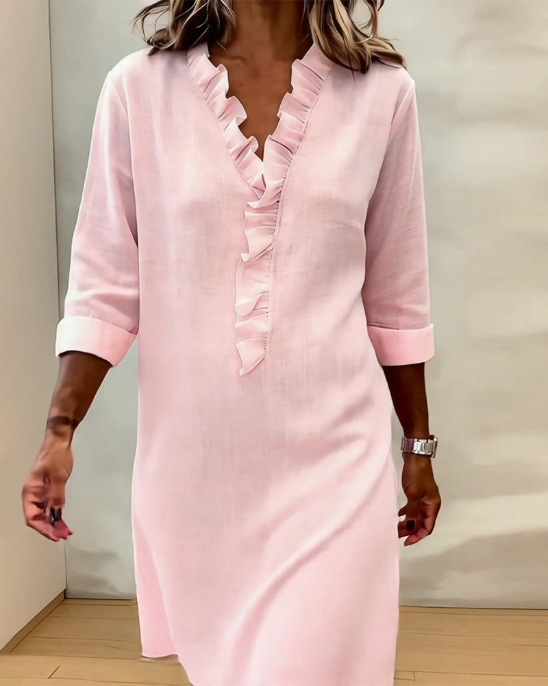 Women's Linen Dress Casual V Neck Tunic Shift Long Sleeve Shirt