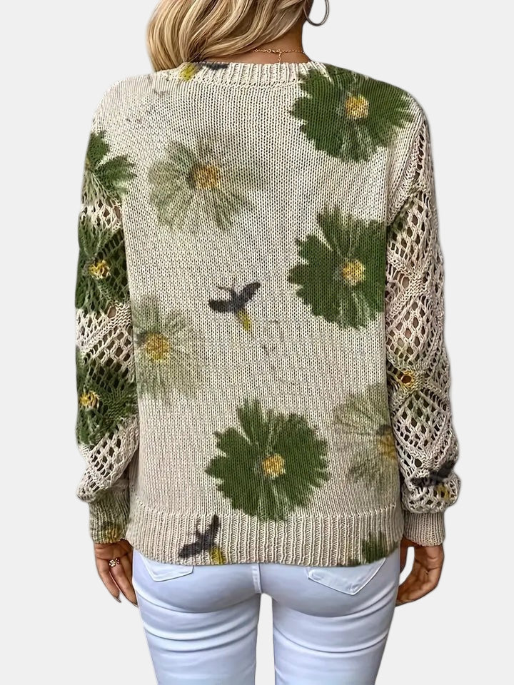 Women's Long Sleeve Knit V-Neck Floral Sweater Jumper
