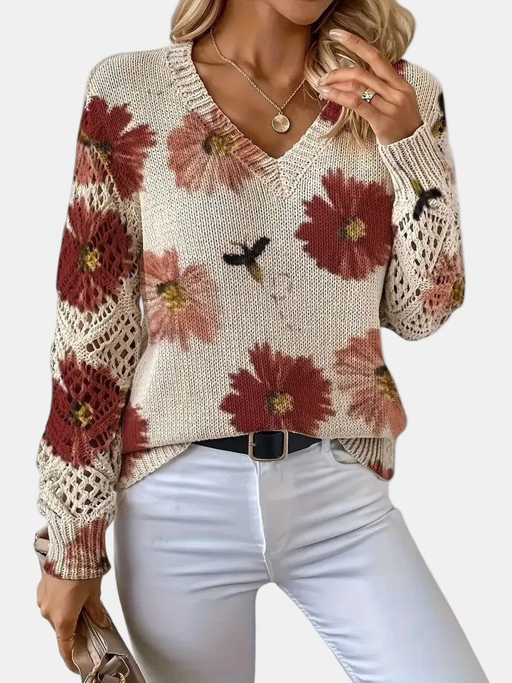 Women's Long Sleeve Knit V-Neck Floral Sweater Jumper