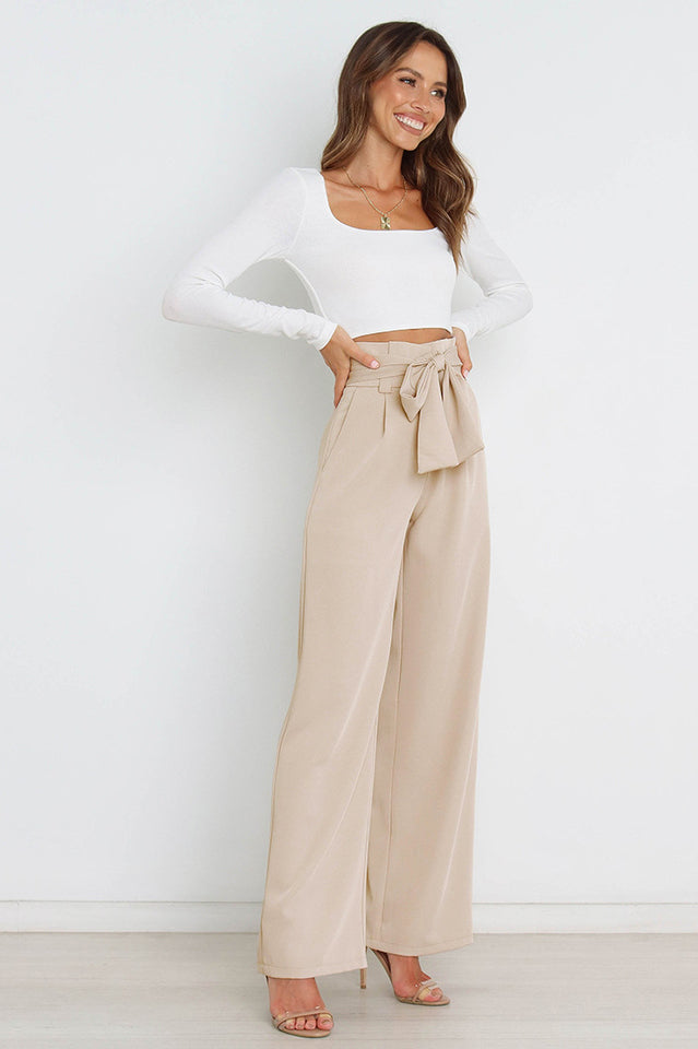 Women's High Waist Wide Leg Linen Trousers with Belt
