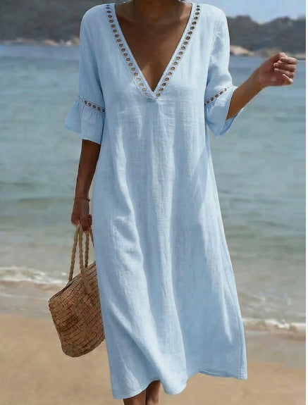 Women's Linen V Neck Beach Cover Up Kaftan Maxi Dress