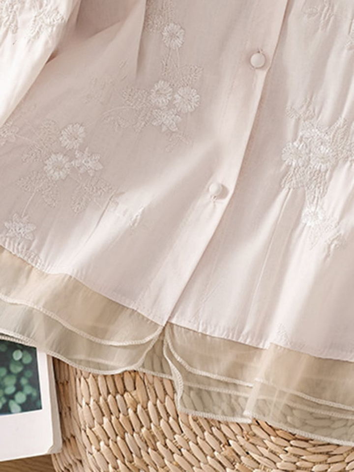 Women's Embroidered Silk Blouse Lightweight Floral Mesh Shirt Tunic