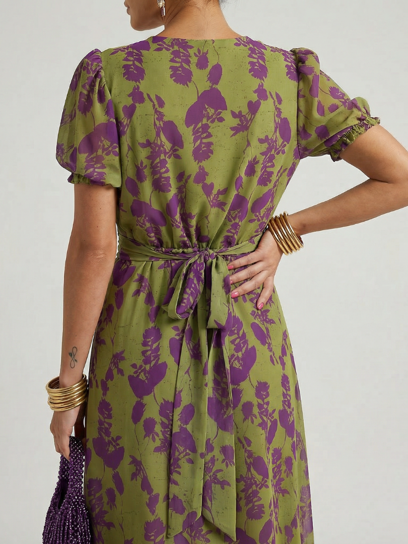 Women's Silk Short Puff Sleeve V Neck A Line Wrap Midi Dress