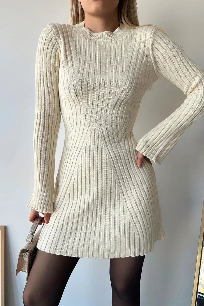 Women Ribbed Long Sleeve Knit Wool A-Line Dress