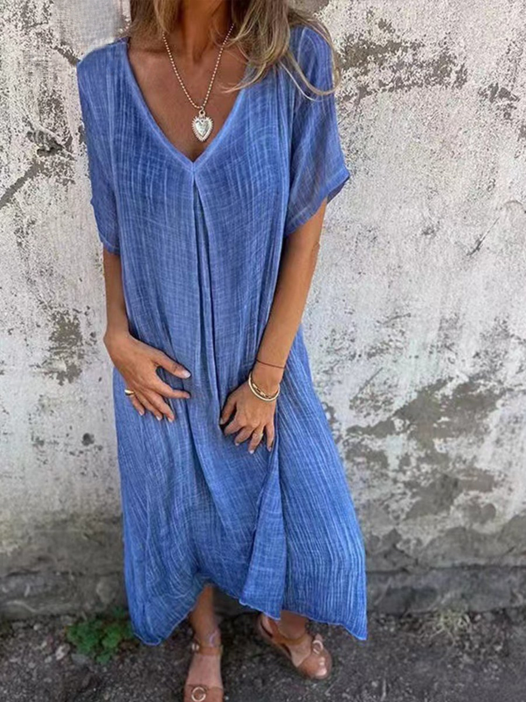 Women's Linen V-Neck Maxi Dress Short Sleeve Loose Fit Kaftan Style