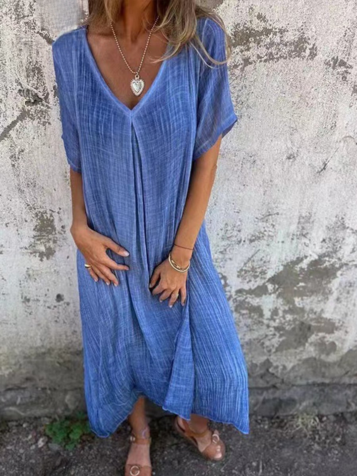 Women's Linen V-Neck Maxi Dress Short Sleeve Loose Fit Kaftan Style