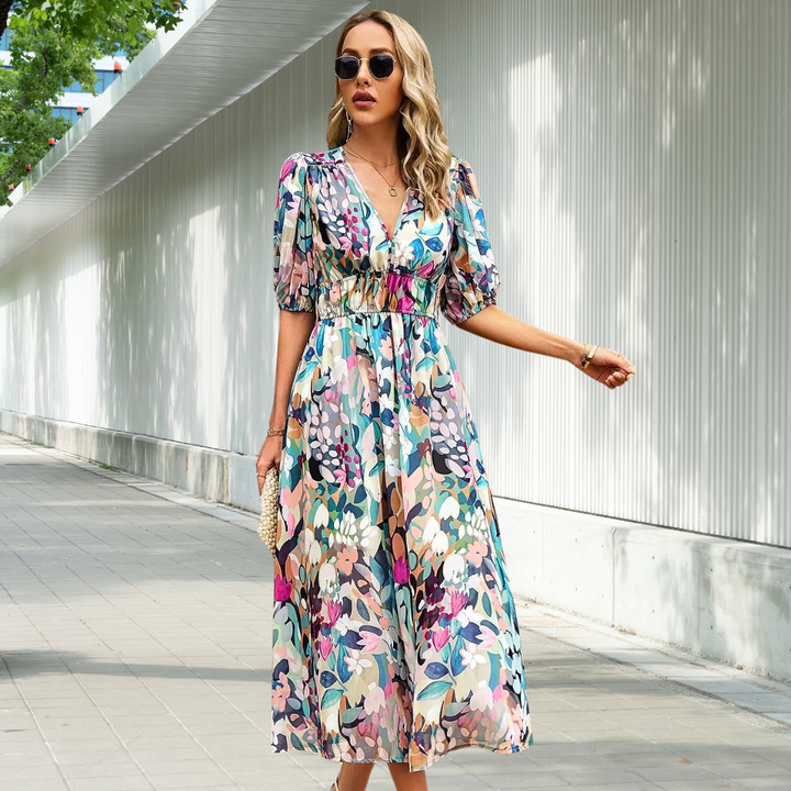 Women's Linen Geometric Print V-Neck Midi Dress