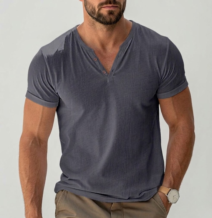 Men's Linen Henley V-Neck Short Sleeve Casual T-Shirt