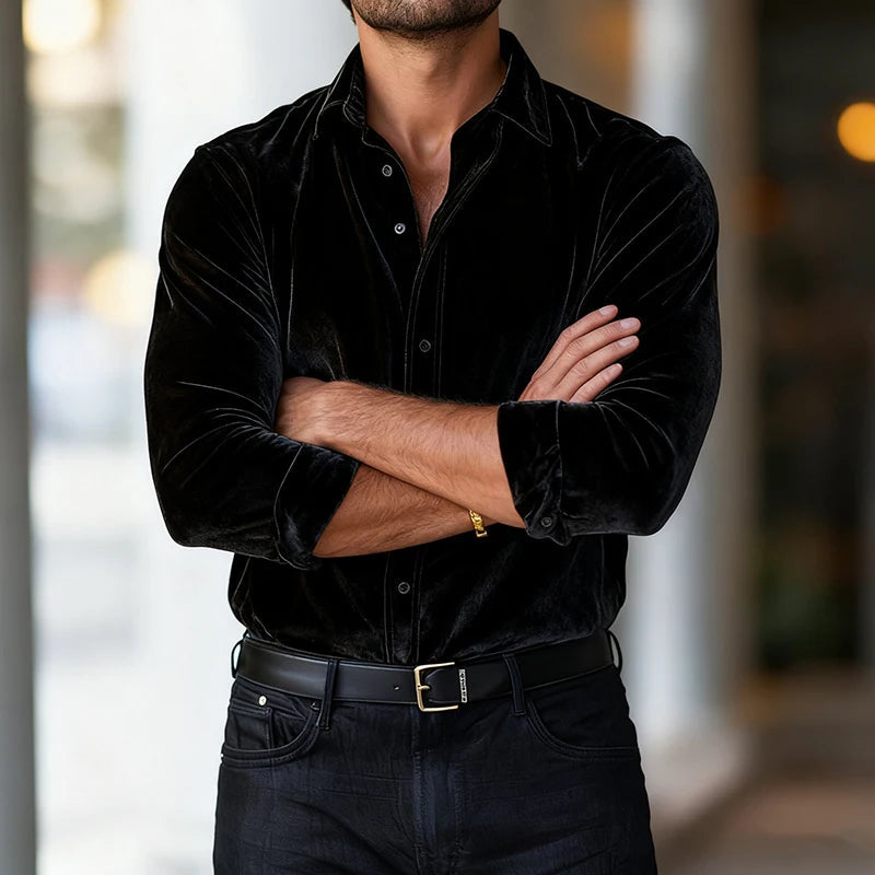 Men's Tailored Long-Sleeve Velvet Button-Up Dress Shirt