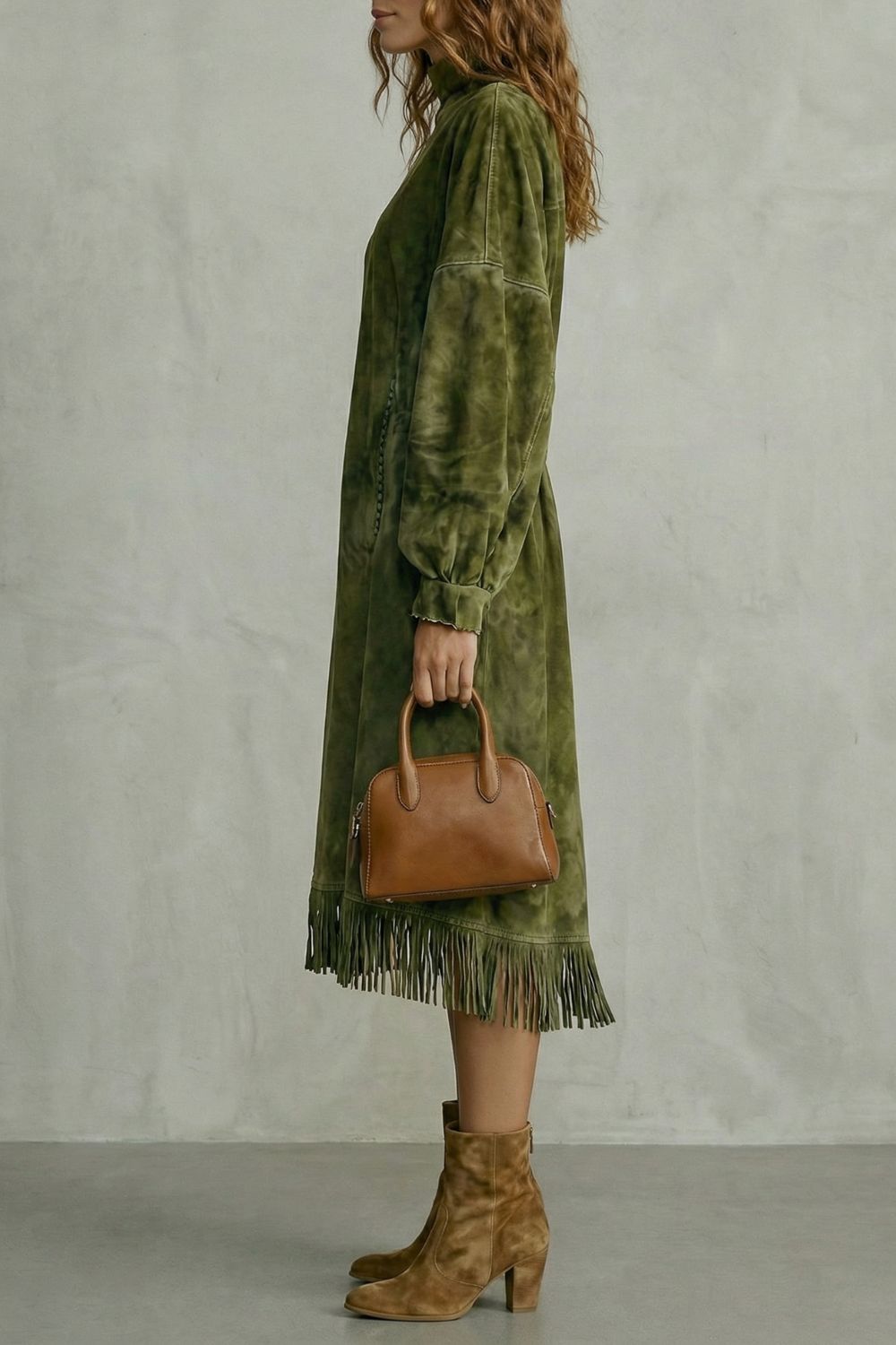 Women’s Faux-Suede Fringe Turtleneck Midi Dress